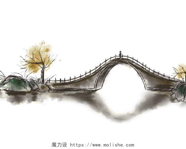 黑色手绘原创古风中国风水墨古建筑古桥元素PNG素材